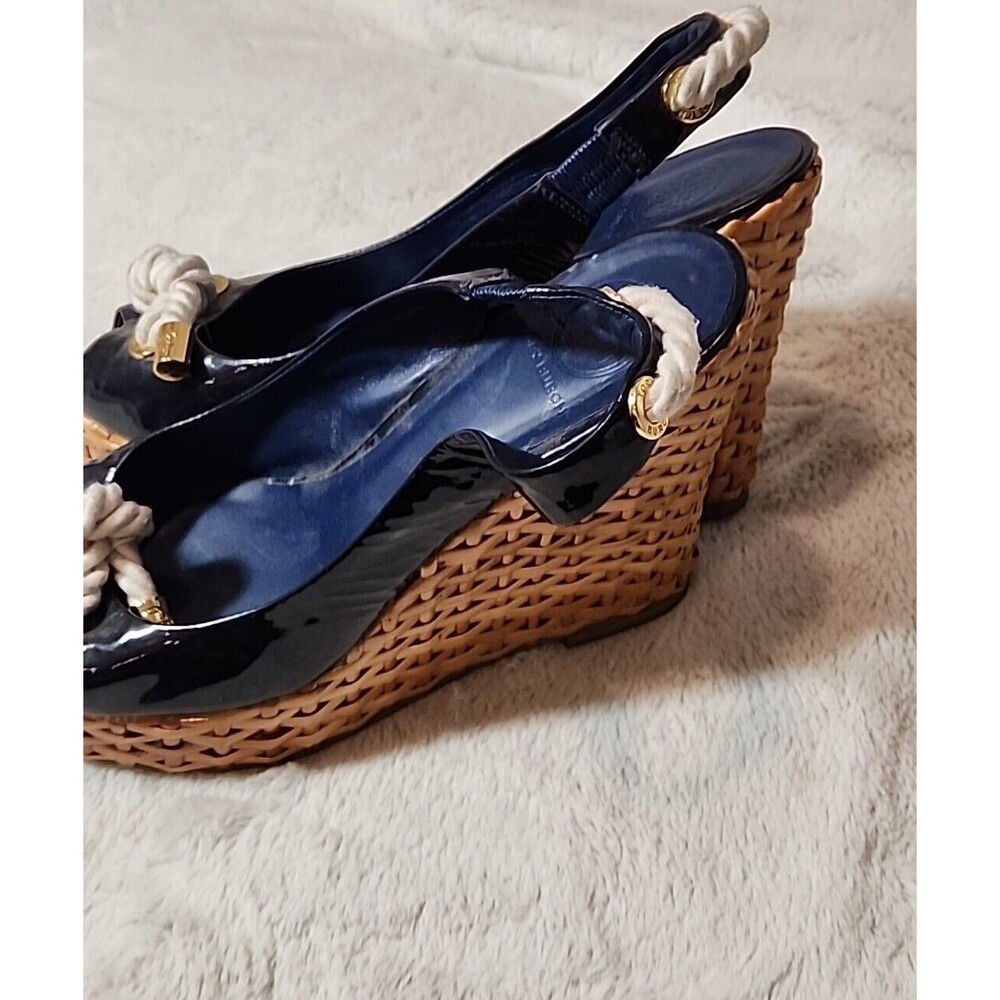 Tory Burch Navy Blue Patent‎ Rope Bow Wedge Slingback Peep Toe Sandals Womens 10 - Picture 9 of 11